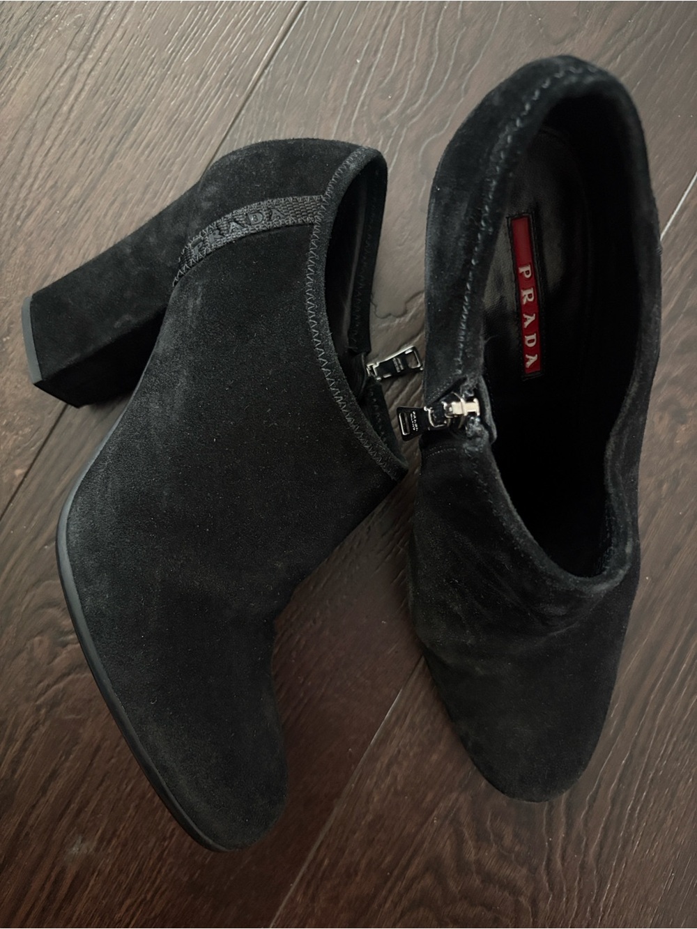 Prada Black Suede Block Heel Ankle Boots size 7.5